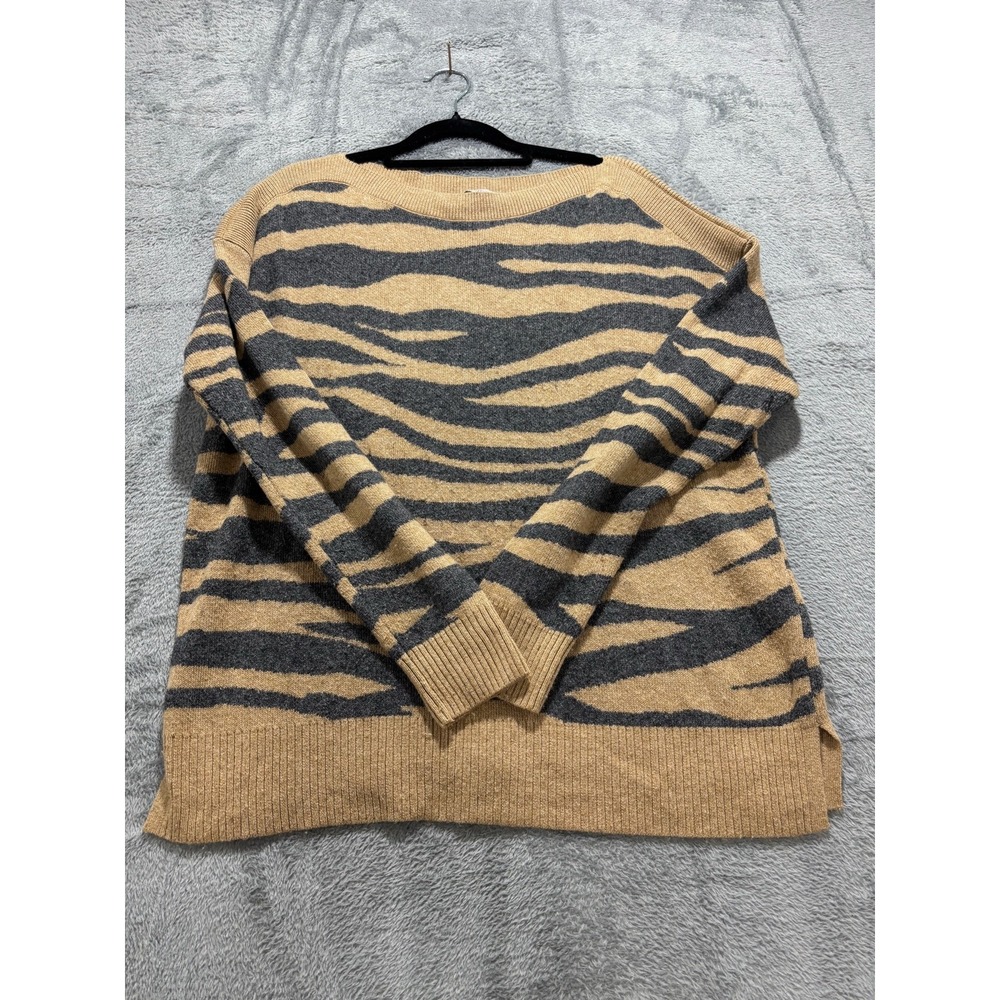 LOFT Womens S Tan Gray Tiger Stripe Boatneck Sweater Casual Cozy Animal Print - Picture 2 of 11